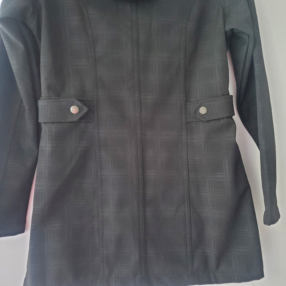 Free Country Woman's Black Plaid Hooded Trench Coat With Faux Fur Lining Sz S - Picture 4 of 16